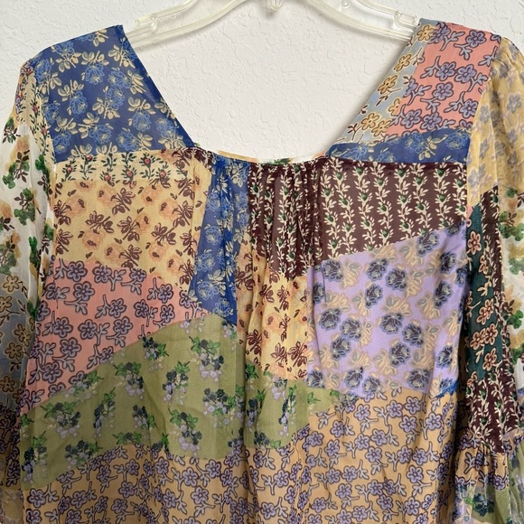 Anthropologie Floreat Patchwork Peasant Top Size Small Floral Beaded Hem Boho - Picture 6 of 9
